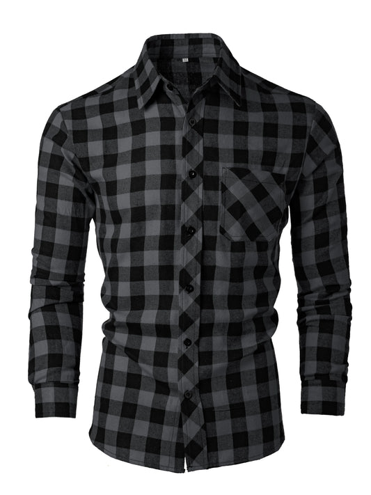 Men's Fashionable Casual Long-Sleeved Plaid Shirt, Spring and Autumn Lapel Button-Down Shirt