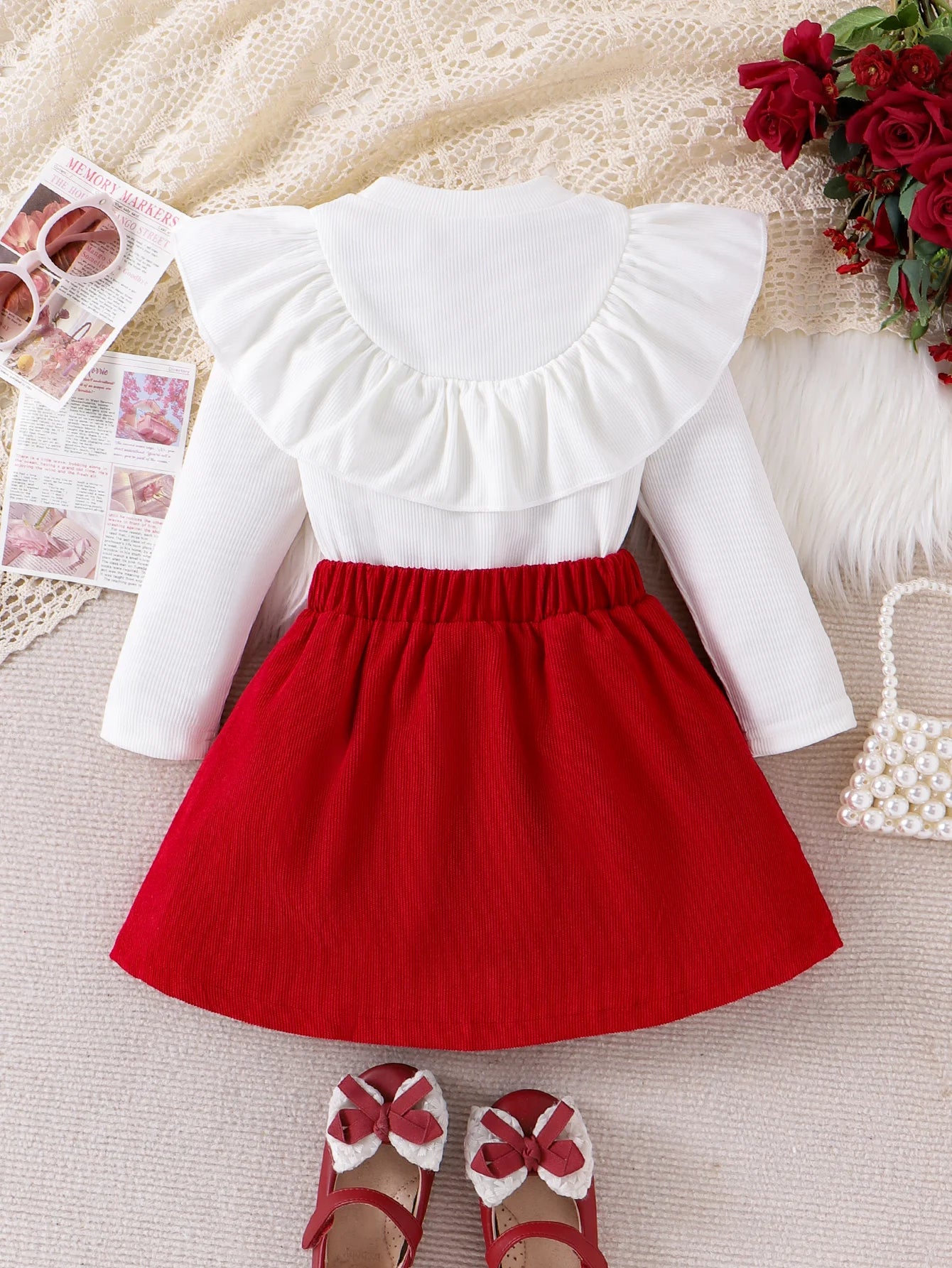 2PCS Autumn New Style Sweet And Cute Girl Baby White Bow Lace Long-Sleeved Top + Rose Red Solid Color Pleated Short Skirt