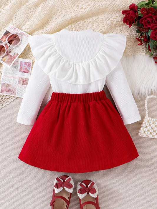 2PCS Autumn New Style Sweet And Cute Girl Baby White Bow Lace Long-Sleeved Top + Rose Red Solid Color Pleated Short Skirt