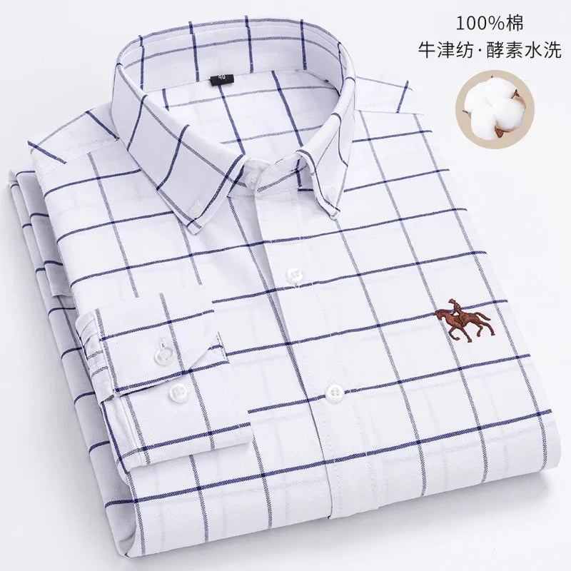 100% Pure Cotton Men Long Sleeve Dress Shirt for Oxford Shirt Men Plaid Striped Work Casual Social Shirts Male Regular-Fit S-6XL