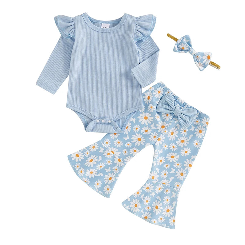 2024-05-23 Lioraitiin Baby Girl 3 Piece Fall Outfit, Long Sleeve Ribbed Romper Daisy Flare Pants Bow Headband