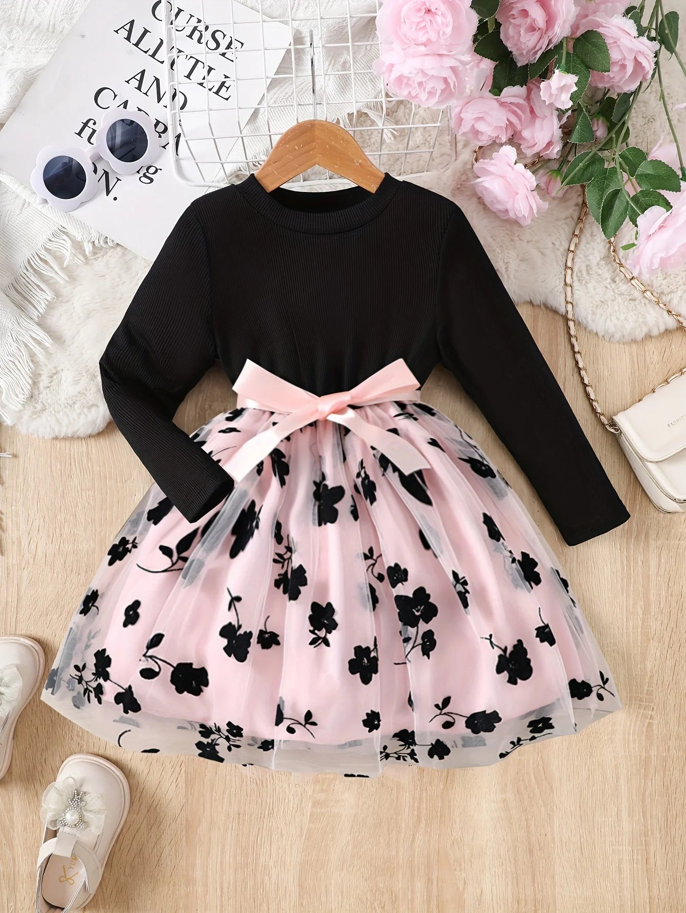 Girls Casual Knitted Pit Strip Round Neck Long Sleeve Flower Craft Mesh Dress Holiday Vacation Party Gift with Satin Ribbon