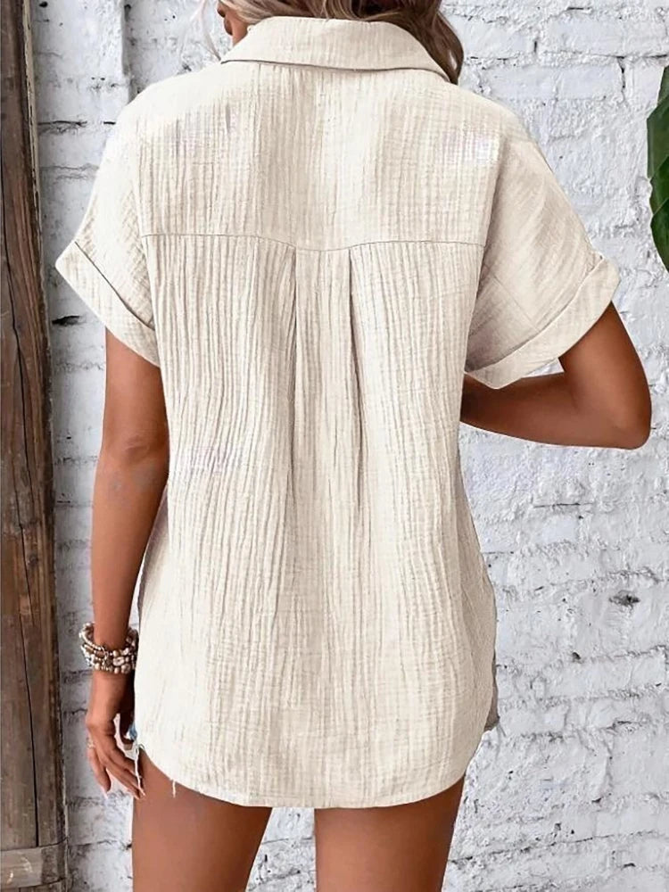 Women Casual Cotton Blouse Vintage Summer Short Sleeve Slim Shirt Elegant Turn Down Collar Solid Tunics Harajuku Streetwear Tops