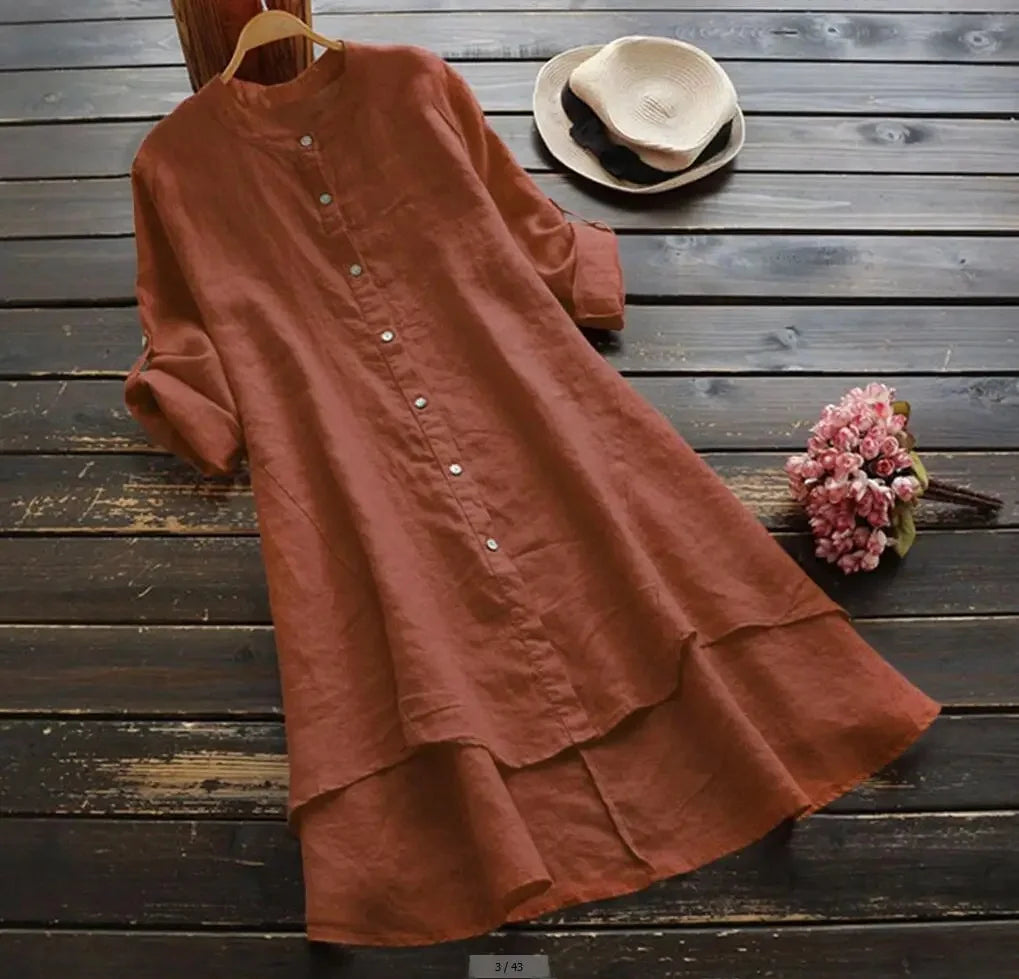 Fast Selling Spring SummerNew Women's Solid Color Button Cotton Linen Long Sleeve Long Length Shirt
