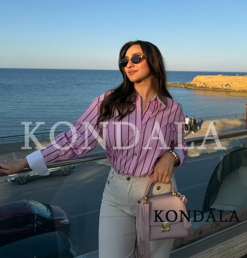 KONDALA Casual Stripes Pink Shirts Women's Trendy Vacation Buttons Lapel Shirts New 2026 Spring Summer Fashion High Street Shirt