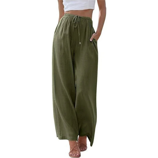 Women's Summer Linen Wide Leg Pants High Waist Elastic Drawstring Casual Loose Palazzo Trousers with Pockets