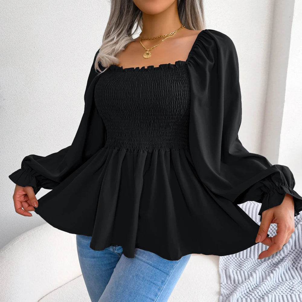 Women Chiffon Blouse 2026 Casual Solid Color Long Sleeve Ruffles Peplum Top White Red Green Blue Black Woman Clothes