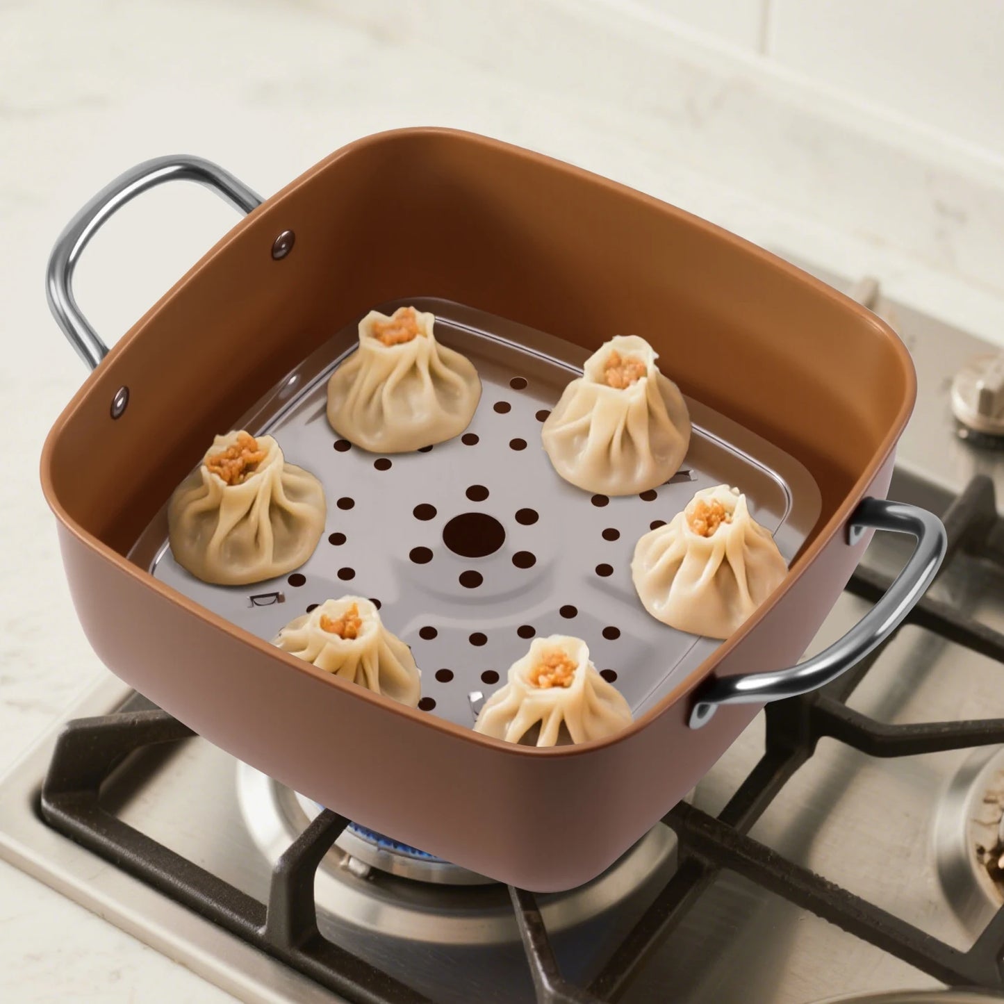 9.5” Non Stick Deep Frying Pan with Fry Basket Steamer Rack and Glass Lid Multi-Large Cooking Pan Stove Suitable Dishwasher Safe