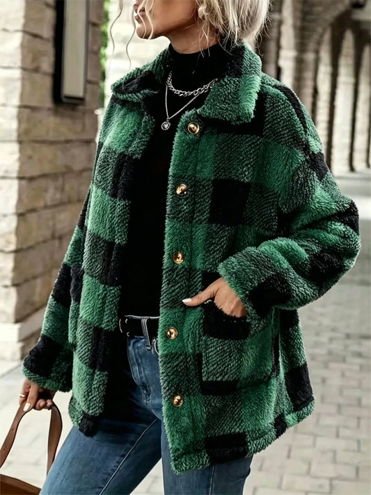 Women's Plaid Fluffy Fleece Lapel Shacket Jacket Fall Clothes 2026 for Women