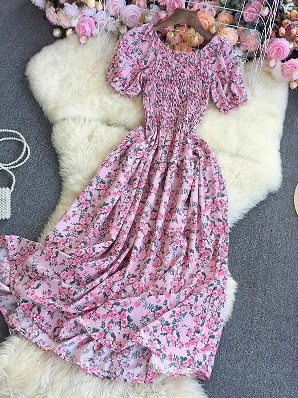 Beach Vacation Floral Print Dress Women Puff Sleeve Square Collar High Waist Dresses Korean Fashion Party Long Dress