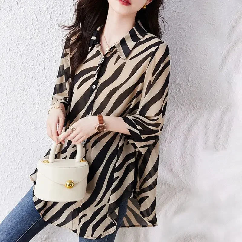 Summer Chiffon Shirt Three-quarters Sleeve Striped Retro Blouse Women Sunwear for Women Zebra Print Loose Shirt Large Size Tops