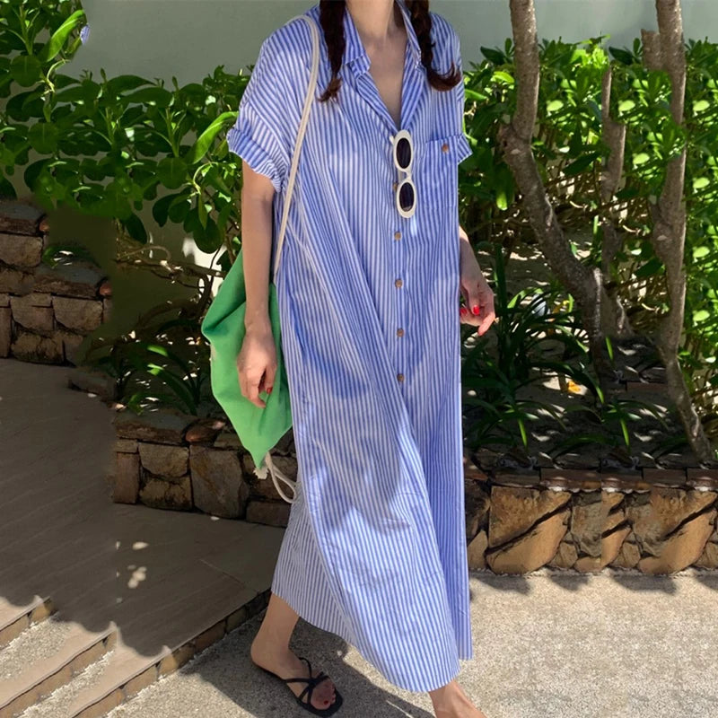 New Stripe Plus Size Loose Casual Shirt Dress Women Short Sleeve Button Up Summer Dress Office Lady Elegant Fashion Long Dresses