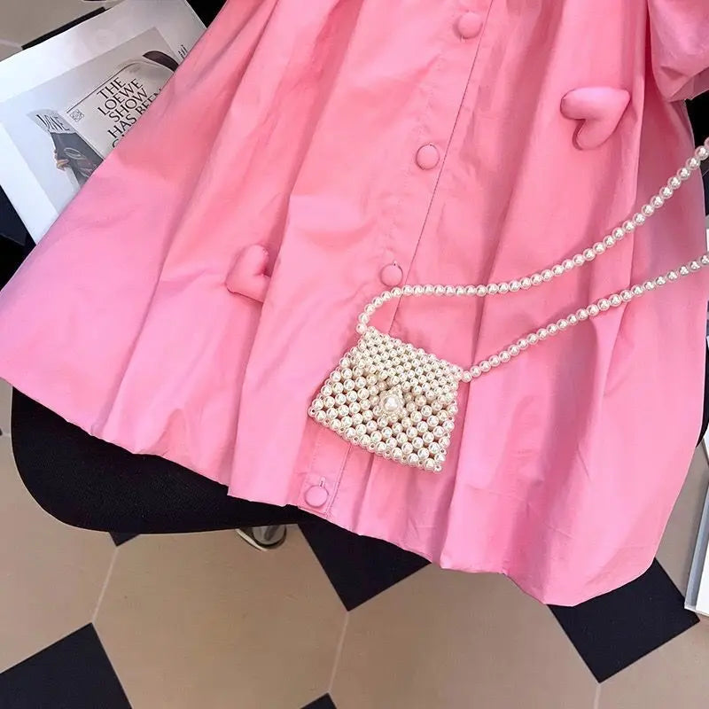 2-12Y Girls Summer Dress Small Lapel Single Breasted Design Cute Princess Dress Children Girls 3D Love Decal Bubble Sleeve Dress