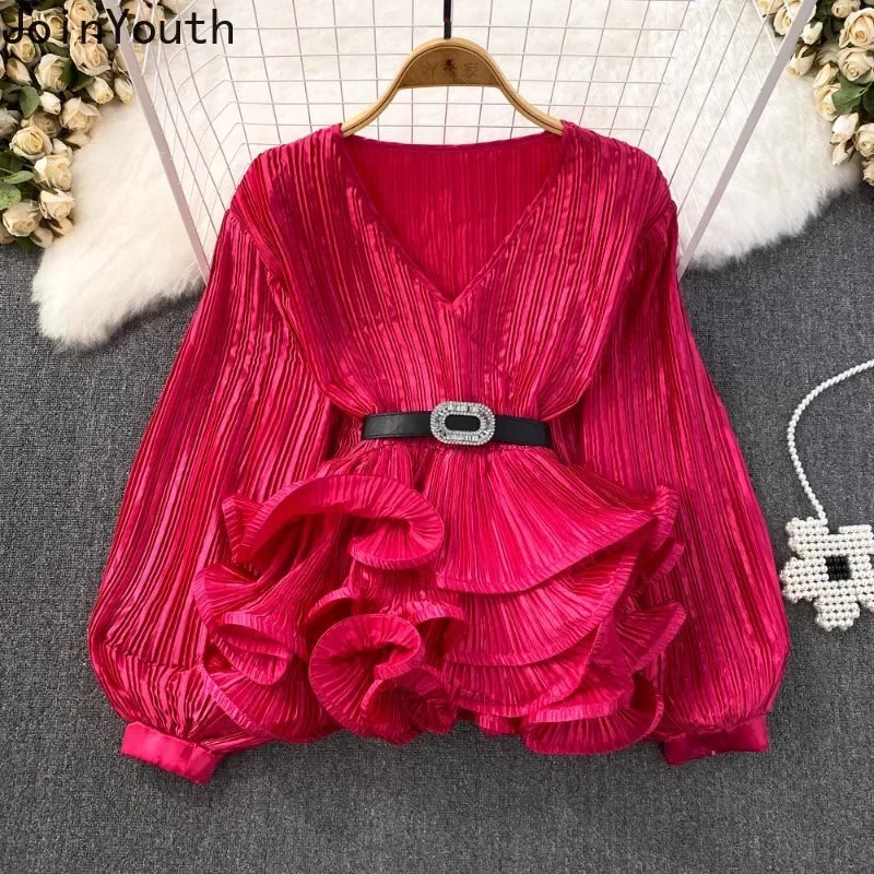 2026 Blusas Mujer De Moda Temperament Blouses Women Lantern Sleeve V-neck Slim Waist Shirts Folds Ruffles Vintage Blouse Tops