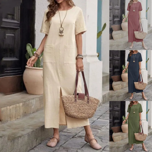 Summer Women Cotton Linen Dress Solid Color Loose Round Neck Short-sleeve Casual Robe Muslim Islamic Vintage Abaya Plus Size 5XL
