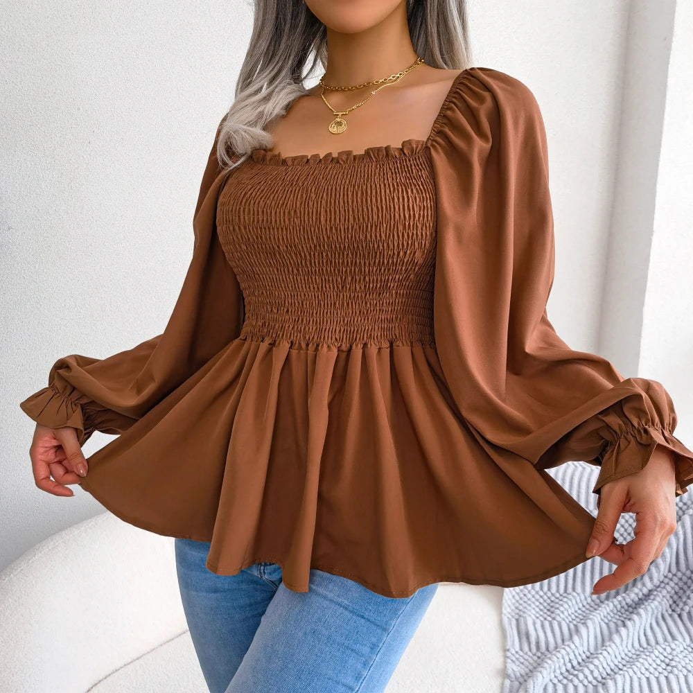 Women Chiffon Blouse 2026 Casual Solid Color Long Sleeve Ruffles Peplum Top White Red Green Blue Black Woman Clothes