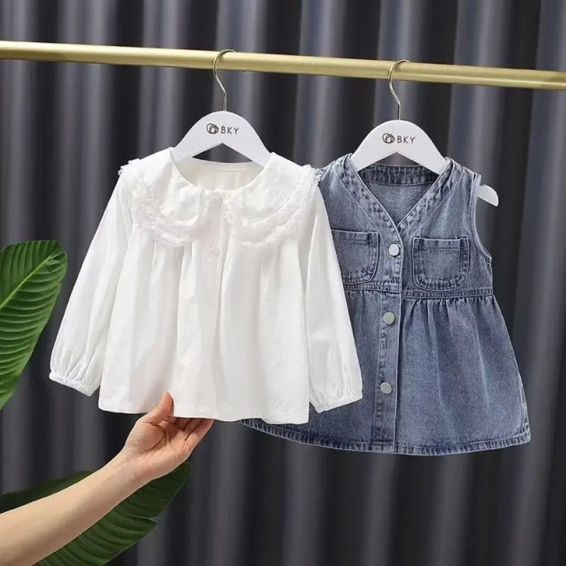 2025 Kids Girls Clothes Set Summer Short Sleeve Shirt + Denim short dress Triple Breasted Outfits Baby Clothing 4 5 6 7 8 9 10 1