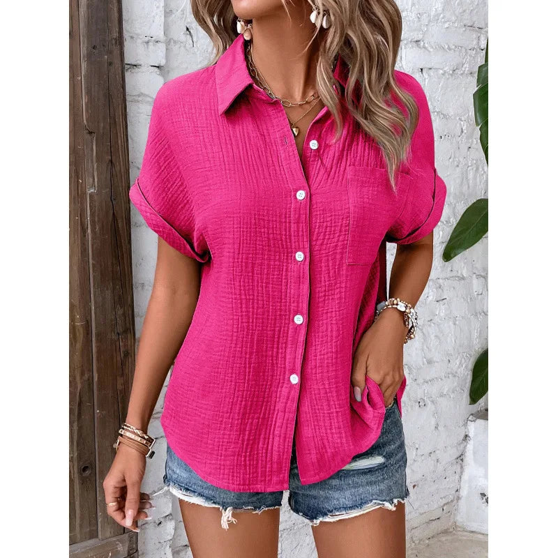 Women Casual Cotton Blouse Vintage Summer Short Sleeve Slim Shirt Elegant Turn Down Collar Solid Tunics Harajuku Streetwear Tops