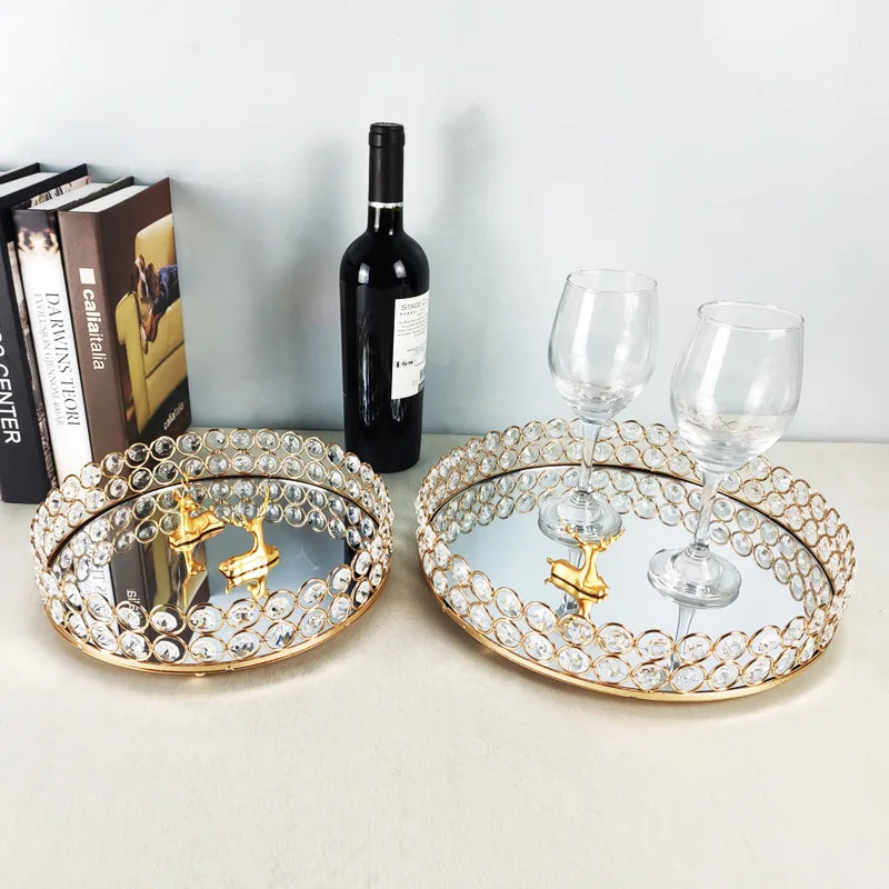 European Pearl-edged Glass Tray Ornaments Cosmetic Mirror Storage Tray Wedding Props Mirror Cake Rack Round Glass Plate