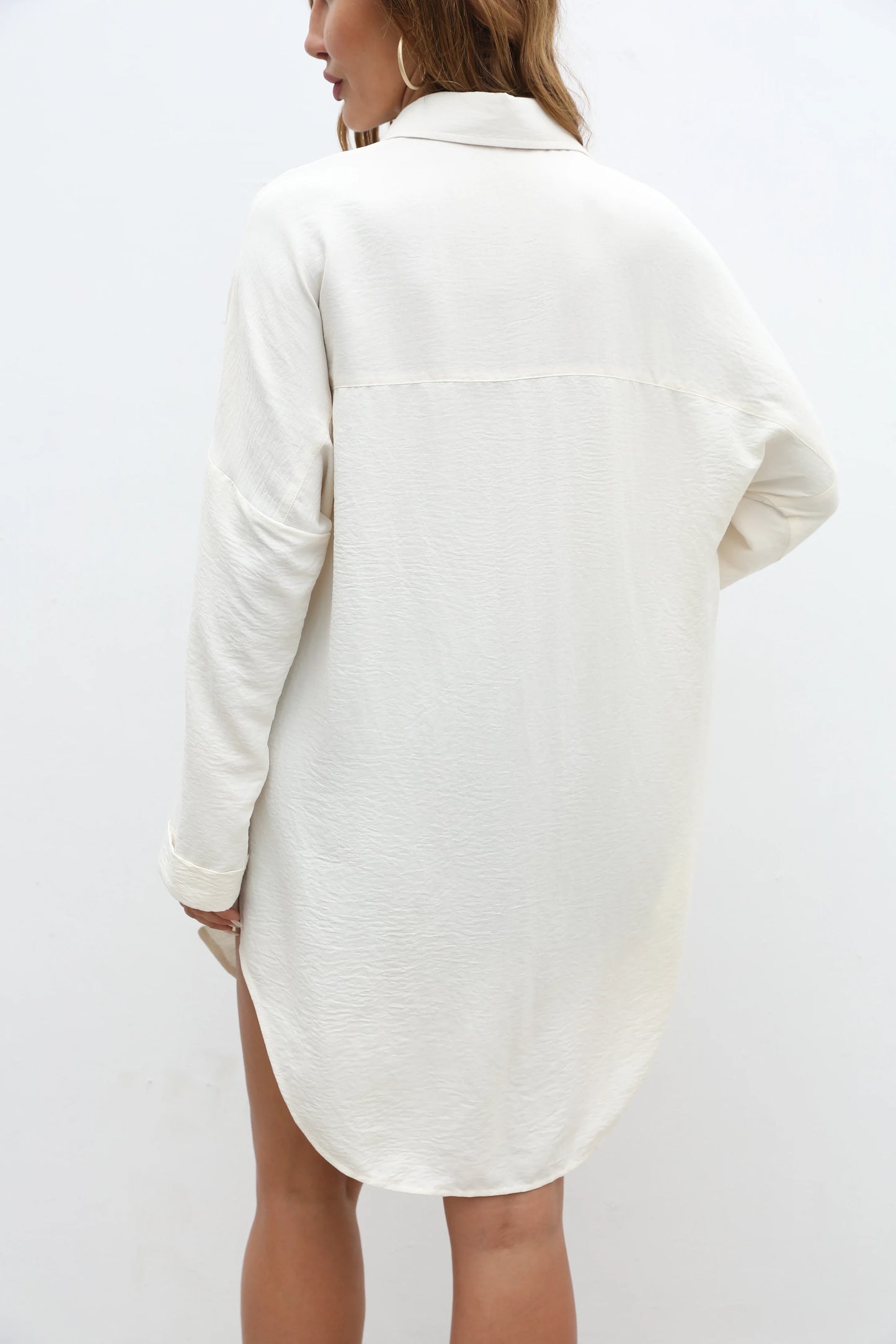 Creamy White Women's Loose Tie-Front Shirt, Long Sleeve Button-Down Top with Pockets