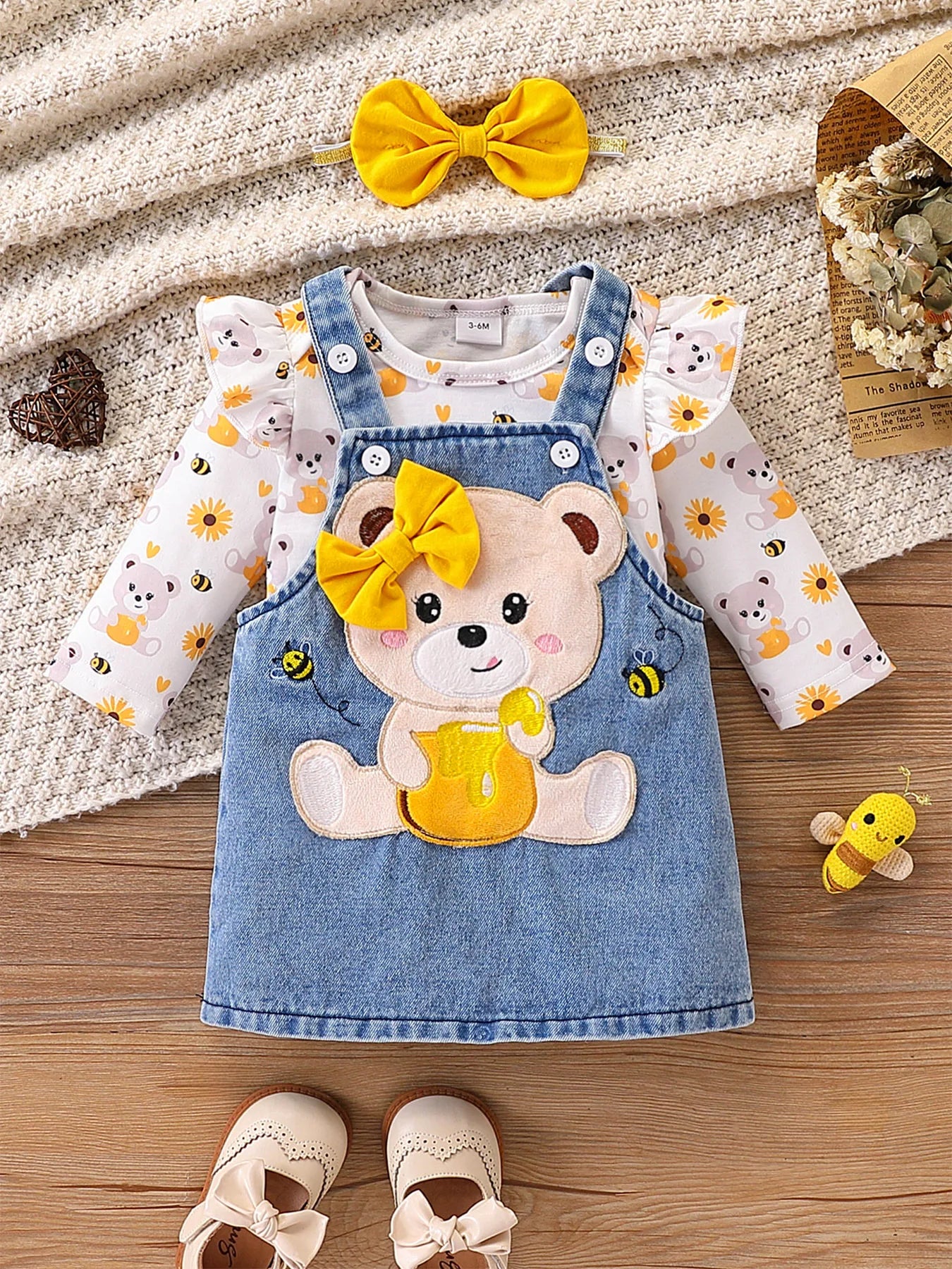 【Sweet and Cute Bear】Baby Girl Denim Overalls Set: 3D Bear Patch Honey Jar Denim Overalls + Sunflower Print Top + Bow Headband - Spring/Summer Outing Three-Piece Set