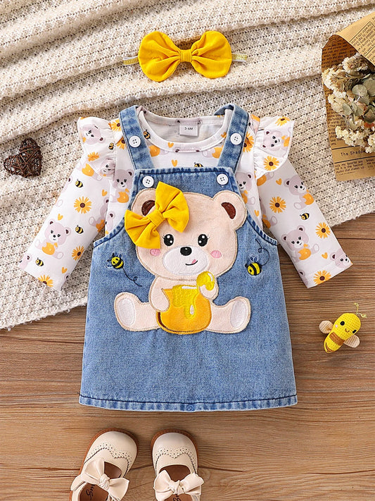 【Sweet and Cute Bear】Baby Girl Denim Overalls Set: 3D Bear Patch Honey Jar Denim Overalls + Sunflower Print Top + Bow Headband - Spring/Summer Outing Three-Piece Set