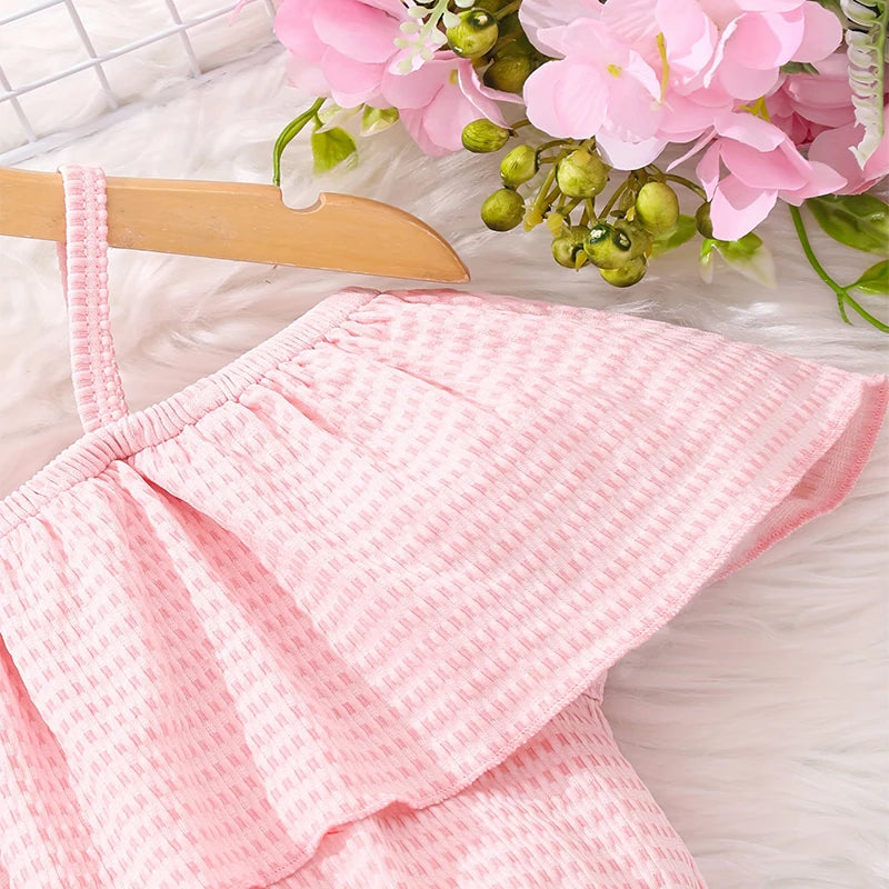 Two Piece Summer Girl Girl Cool Breathable Cute And Sweet One Shoulder Strap Printed Shorts Princess Casual Party Dress Set