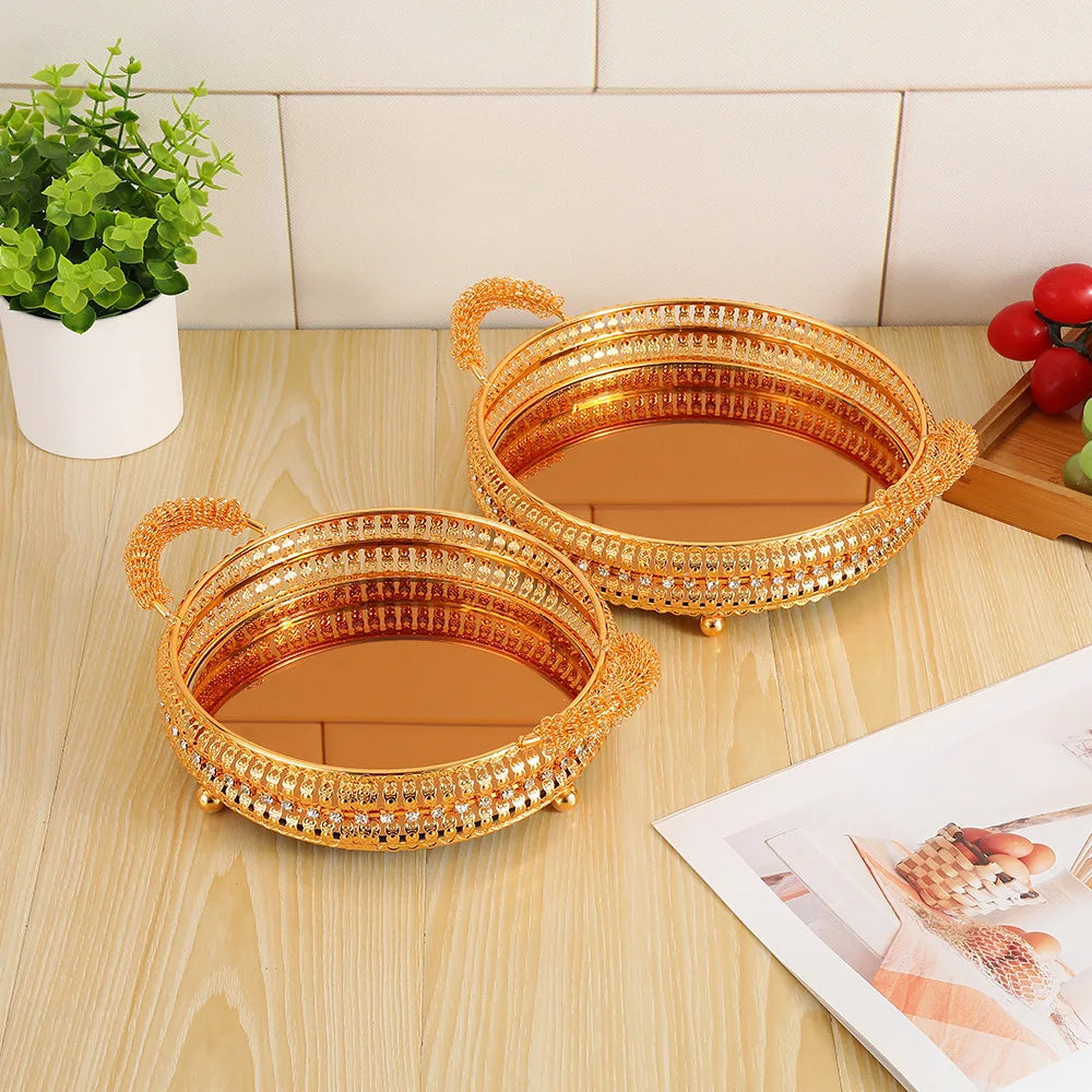 2Pcs European high-end tray gold hollow hotel household fruit plate wrought iron size set snack storage basket
