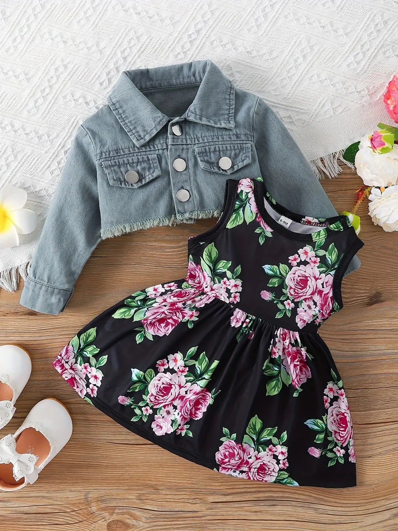 Prowow Fall Winter Baby Girl Denim Outfit Set Turn-down Collar Jeans Jacket+Deer Printed Dress Newborn Baby Birth Clothing