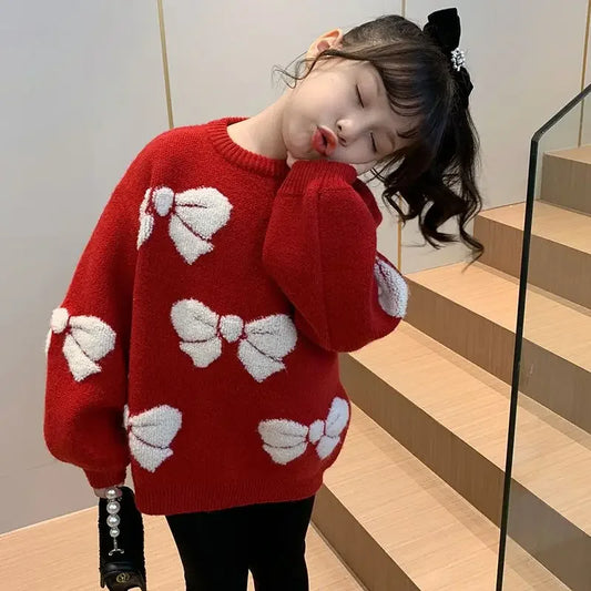 Girls Sweater Fashion Children's Clothing Plush Knitted Winter Wear New Girls Red Christmas Thickened Sweater Kids 8 10 14 Years