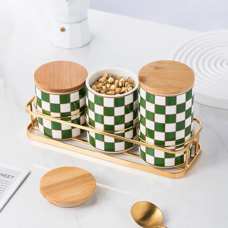 Black and White Lattice Storage Tank Checkerboard Sealed Tank Kitchen Storage Food Grade Ceramic Tank Box Tea Storage Tank