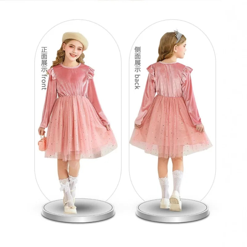 2025 Ruffle Style Long-sleeved Stars Mesh Spliced Dress Princess Christmas Party Performance Clothes Children's Winter Clothing