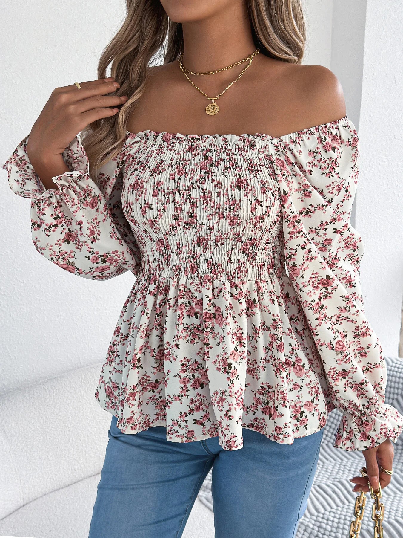 VigoCasey 2025 Spring Floral Print T-shirt Casual Women Lantern Long Sleeve Top Autumn Lady Square Neck Casual Club Short Tops
