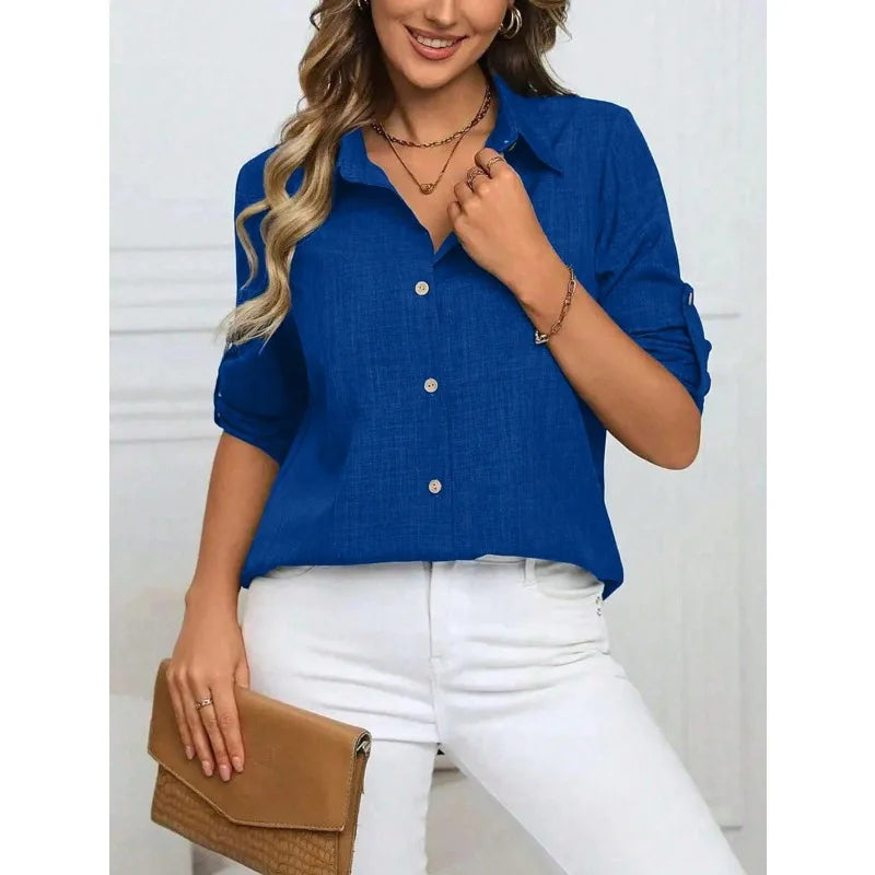 Plus Size 1XL-5XL New Women Casual Long Sleeve Shirt Elegant Solid Lapel Blouse Vintage Tops