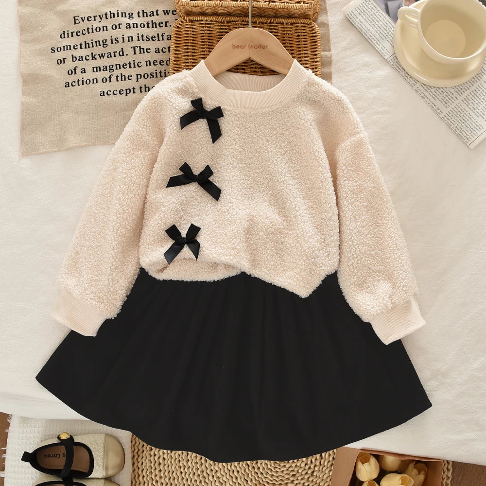 Bear Leader Autumn Winter Korean Version Beige Girls' Set Casual Kids Clothes Bow Fleece Long Sleeved Top + Black Short Skirt