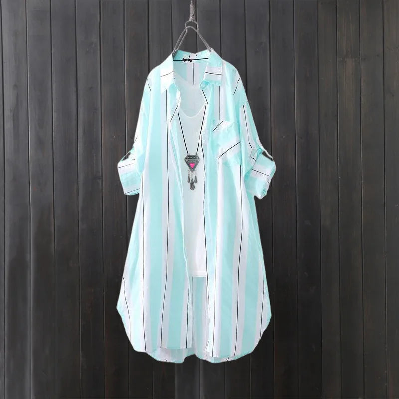 Chiffon shirt long-sleeved fashionable sun protection shirt top design loose striped shirt jacket plus size woman clothing