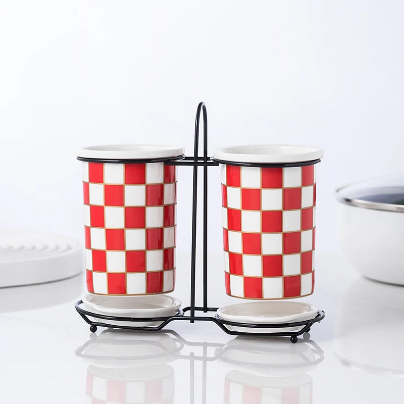 Checkerboard Ceramic Chopsticks Holder Drain Rack Chopsticks Basket Chopsticks Box Cutlery Box Storage Rack Wall-mounted Shelf