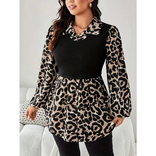 Plus Size 1XL-5XL New Women's Fashion Leopard Print Long Sleeved Shirt Women Casual Button-Up Shirt