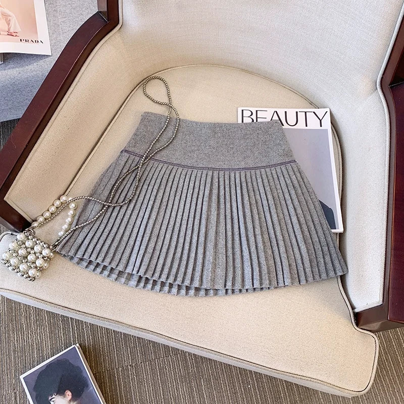 Plaid Pleated Mini Skirt Thick Wool Short Skirt High Waist Box-pleat Miniskirt for Women Teen-girl Preppy Style Outfit