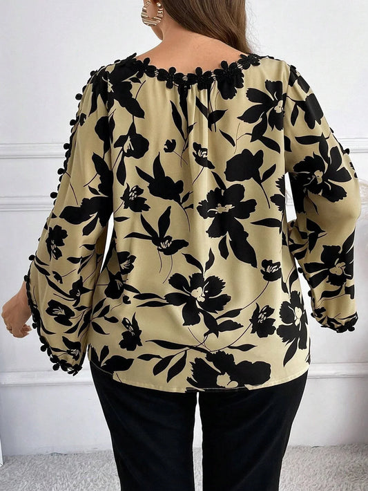French-style oversized casual elegant floral print ruffled hem patchwork blouse