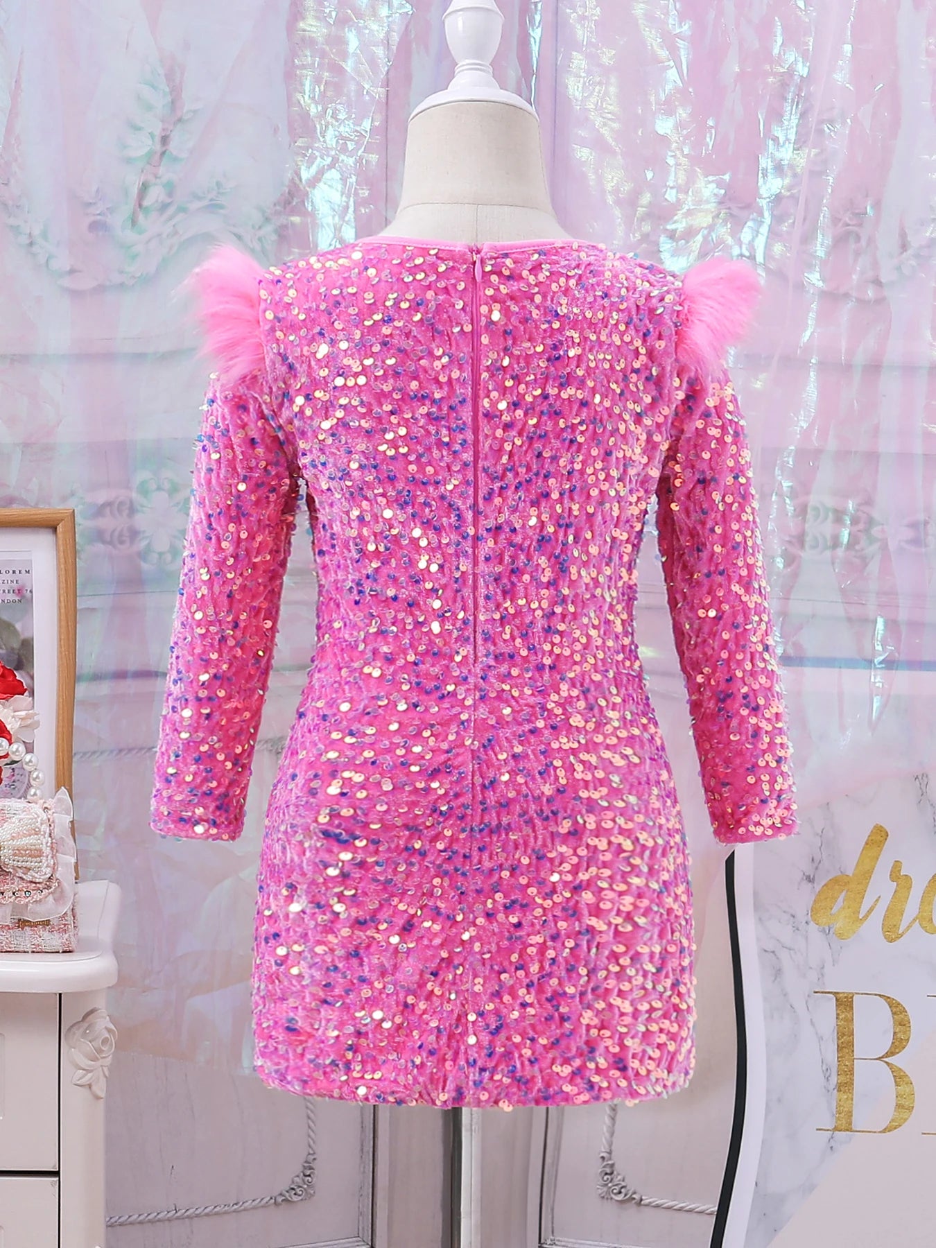 Cute Stylish Girls Pink Sequined Round-Neck Ceremonial Dress Spring Autumn Fashionable Kids' Special Occasion Outfit