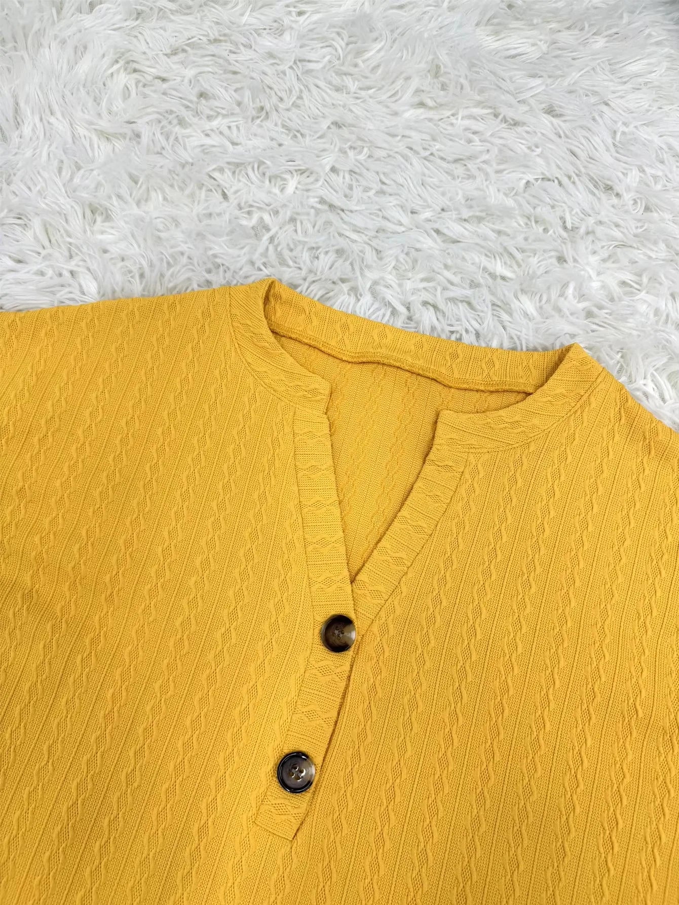 Plus size casual top  women's wide solid color chunky knit long sleeve button detail V-neck slightly elastic elegant top shirt