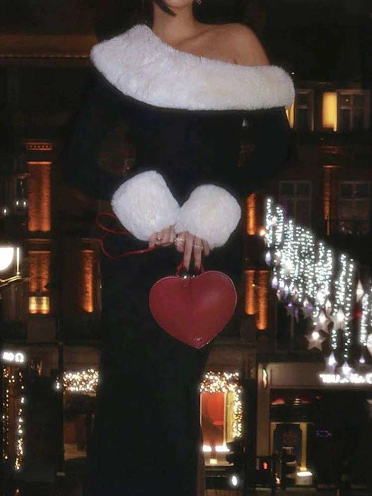 Nibber Elegant Christmas Party Maxi Dress Woman Furry Patchwork Winter Trend Skew Collar Full Sleeve Skinny Robe Style Vestidos