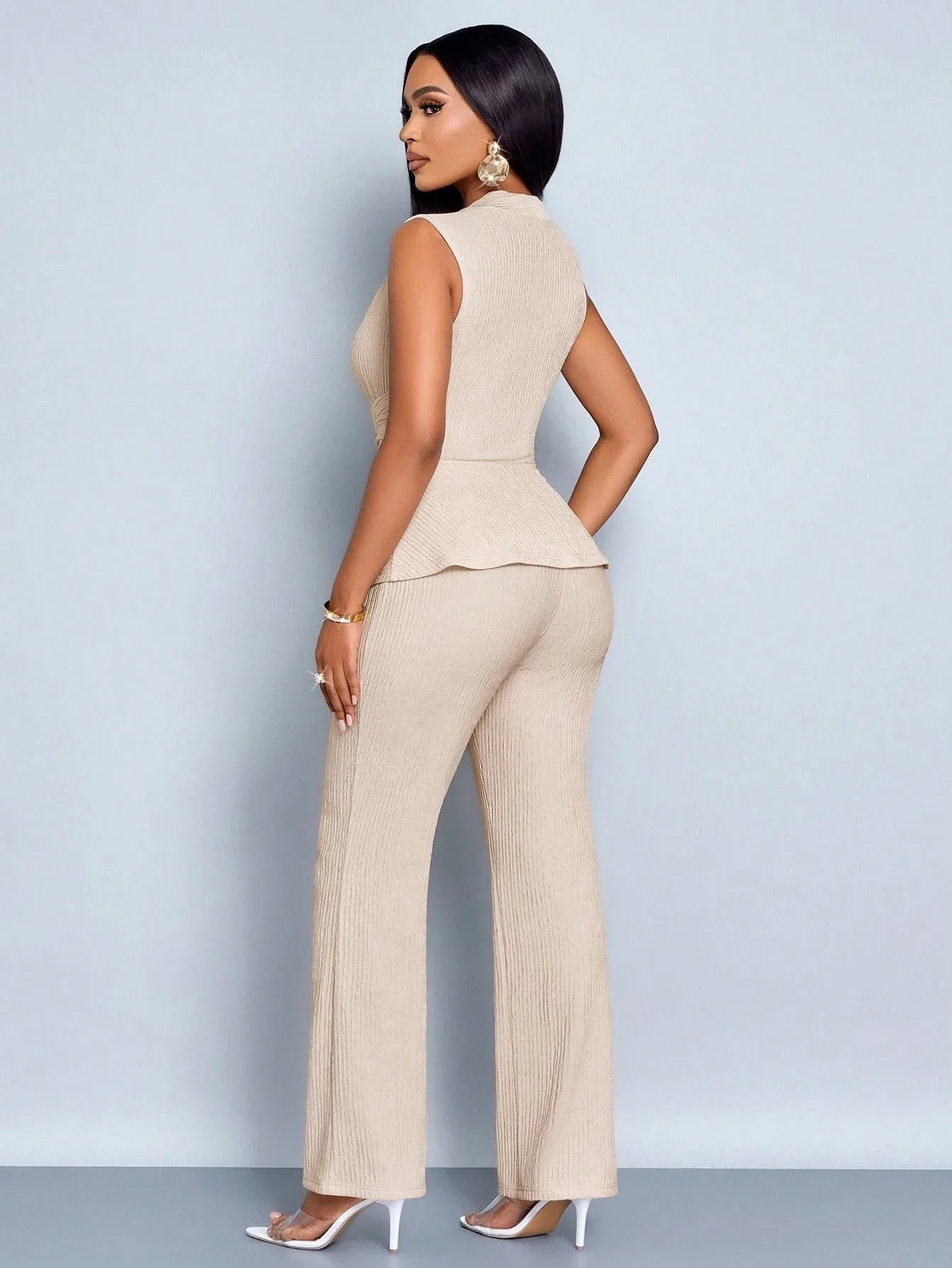Women's Apricot Elegant V-Neck Vest and Wide-Leg Pants Two-Piece Set