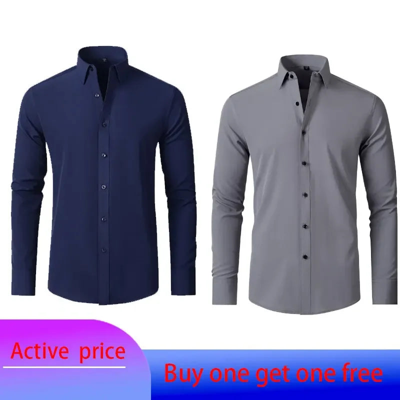 6xl New summer black White men's shirt elastic force non-iron long-sleeved business casual Oversize shirt  mercerized vertical