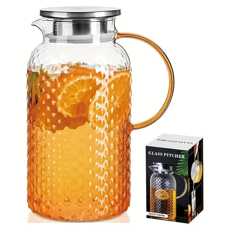 64oz/1.9L Glass Pitcher with Lid & Handle - High Borosilicate Glass for Refrigerator, Keeps Drinks Hot/Cold, Juice Jug, Kitchen