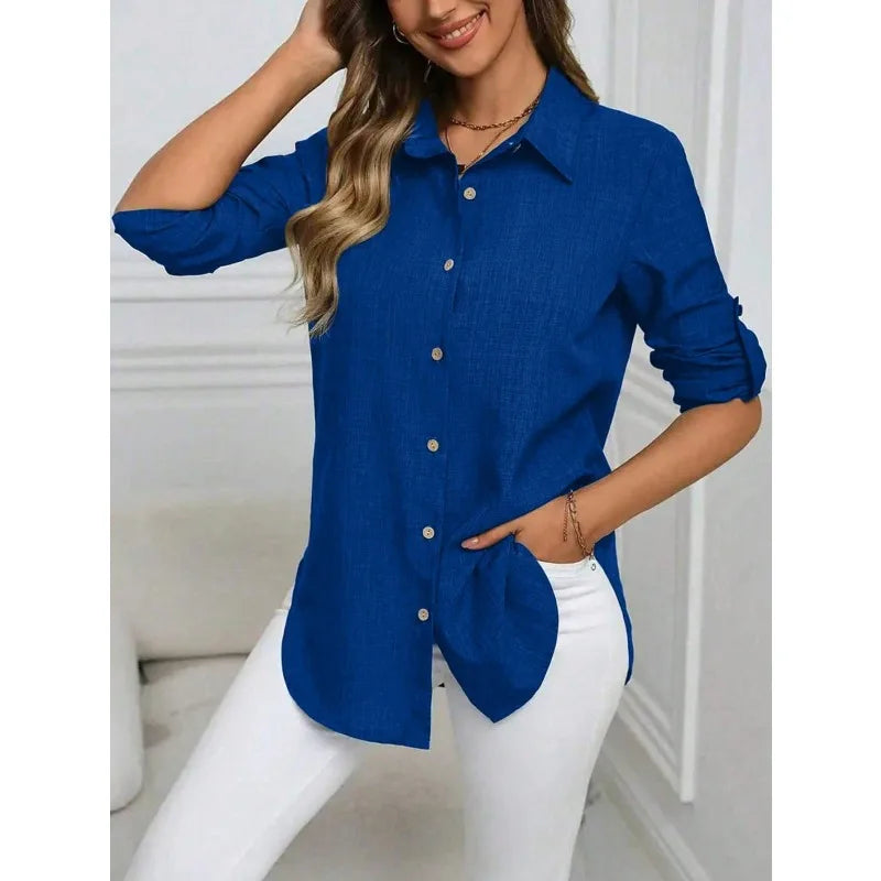 Plus Size 1XL-5XL New Women Casual Long Sleeve Shirt Elegant Solid Lapel Blouse Vintage Tops