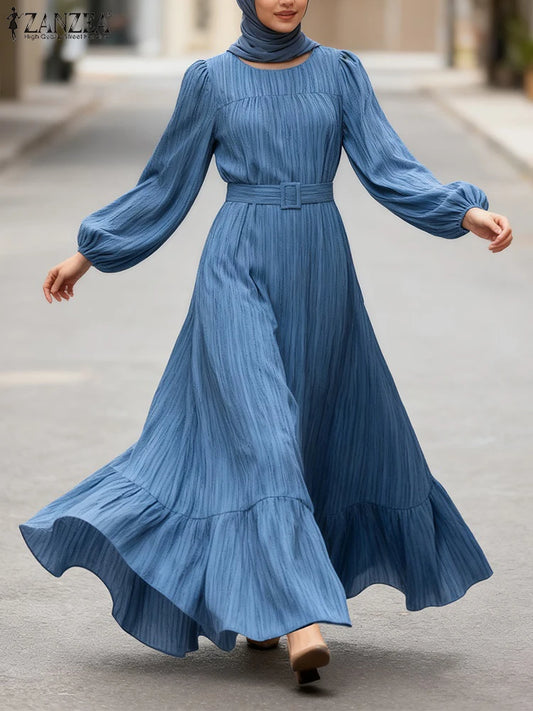 ZANZEA Autumn Fashion Long Sleeve Muslim Dress Abaya Women Elegant Party Dresses Ramadan IsIamic Robe Spring Belted Vestido 2026