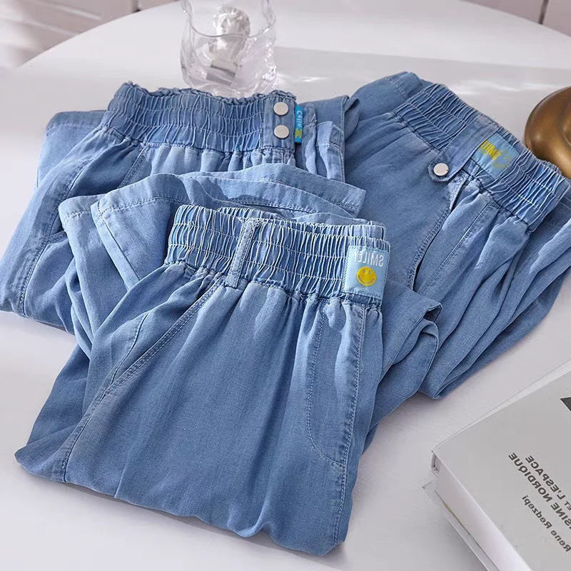 Women's Ice Silk Denim Pants Yoga Sports Thin Loose Style Summer Casual Wide Leg Harajuku Loose Waist