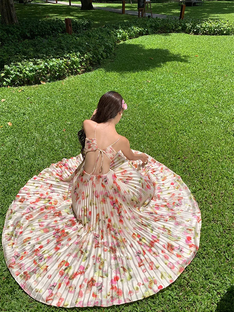 SINGREINY Floral Print Pleated Long Dress Strapless Halter Backless Hollow Out Women Gentle Vacation Beach Party A Line Sundress